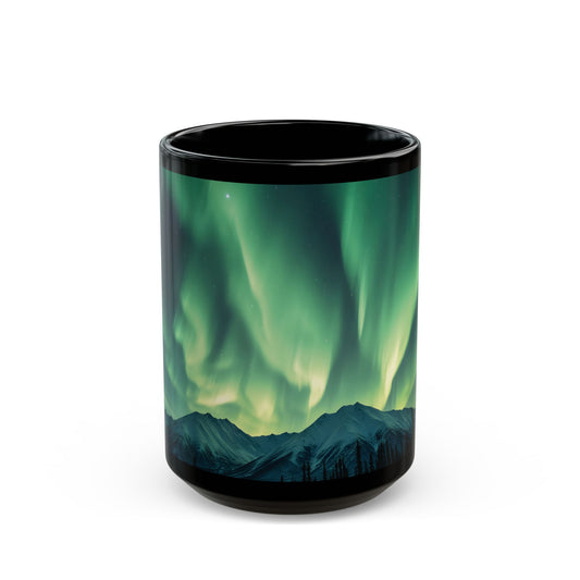 Enchanting Northern Lights Black Ceramic Mug | Black Ceramic Aurora Borealis Mug | Enchanting Mountain Night Sky Mug