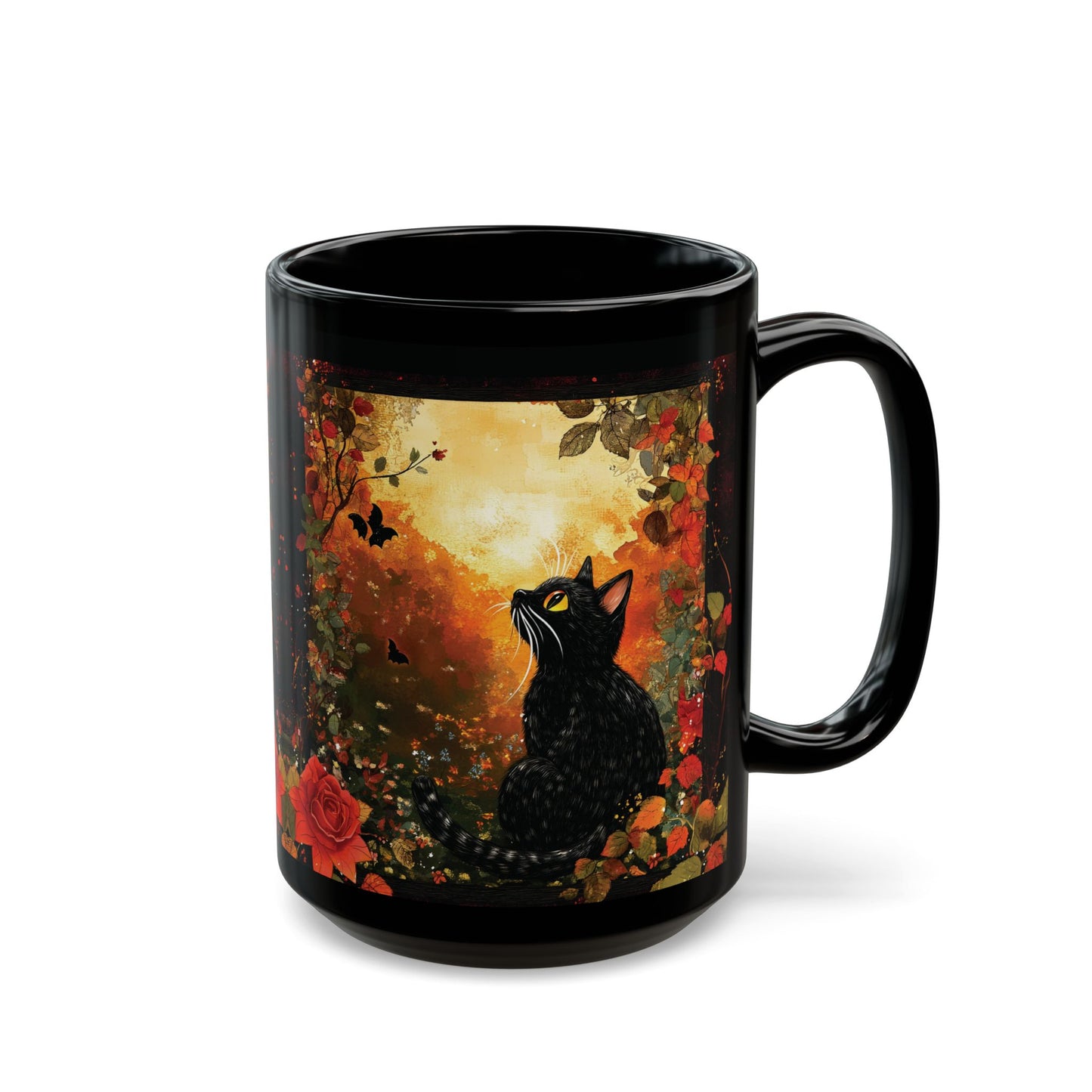 Mystical Cat in Autumn Black Ceramic Mug | Black Cat and Roses Ceramic Mug | Halloween Inspired Black Cat Mug