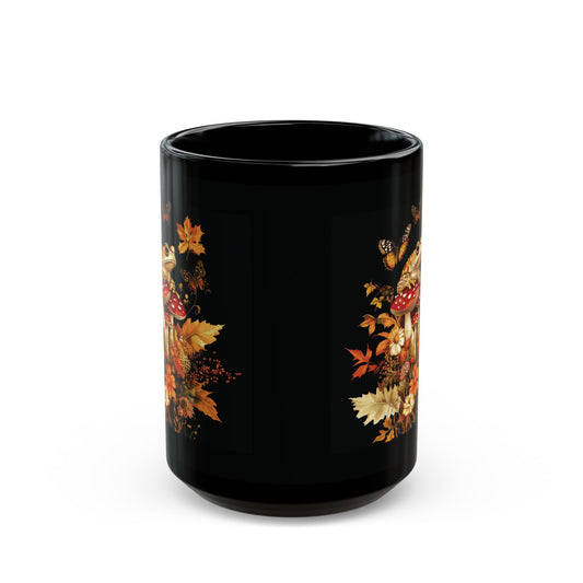 Autumn Frog and Mushroom Magic Mug | Enchanting Black Ceramic Coffee Cup