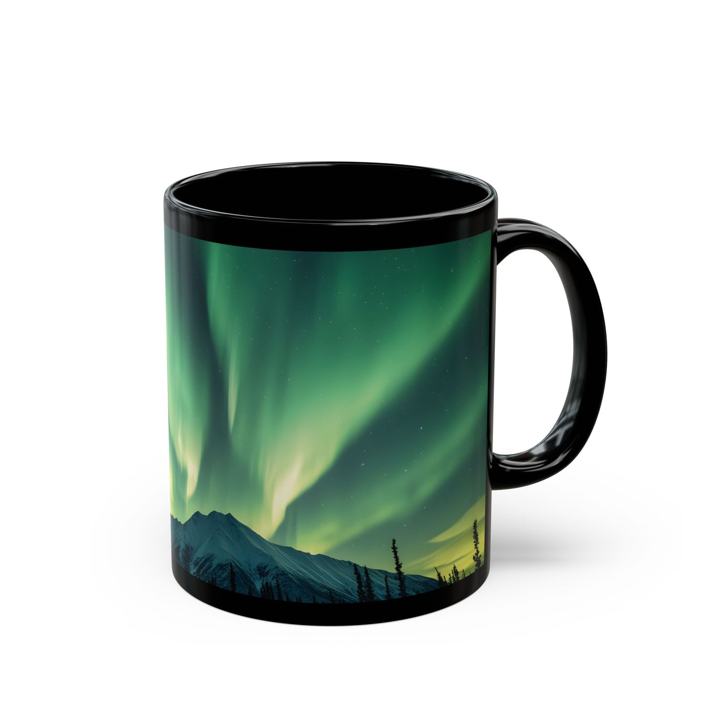 Enchanting Northern Lights Black Ceramic Mug | Black Ceramic Aurora Borealis Mug | Enchanting Mountain Night Sky Mug