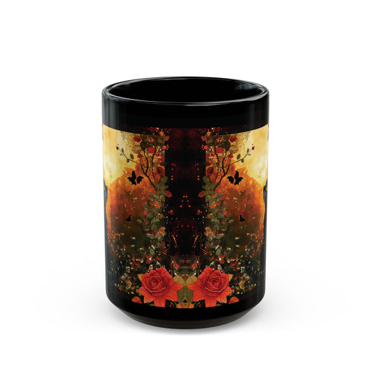 Mystical Cat in Autumn Black Ceramic Mug | Black Cat and Roses Ceramic Mug | Halloween Inspired Black Cat Mug