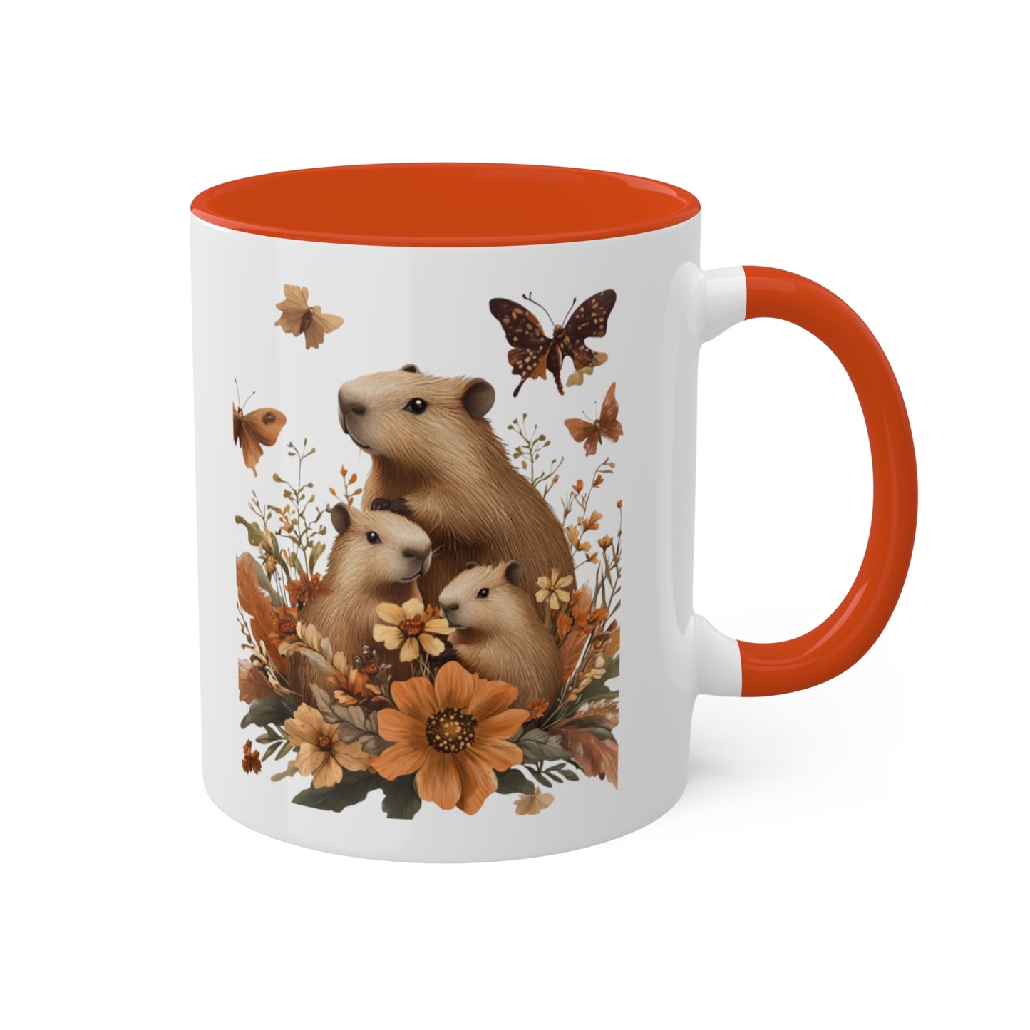 Capybara Family Autumn Mug | Whimsical 11oz Ceramic Coffee Cup with Color Accent