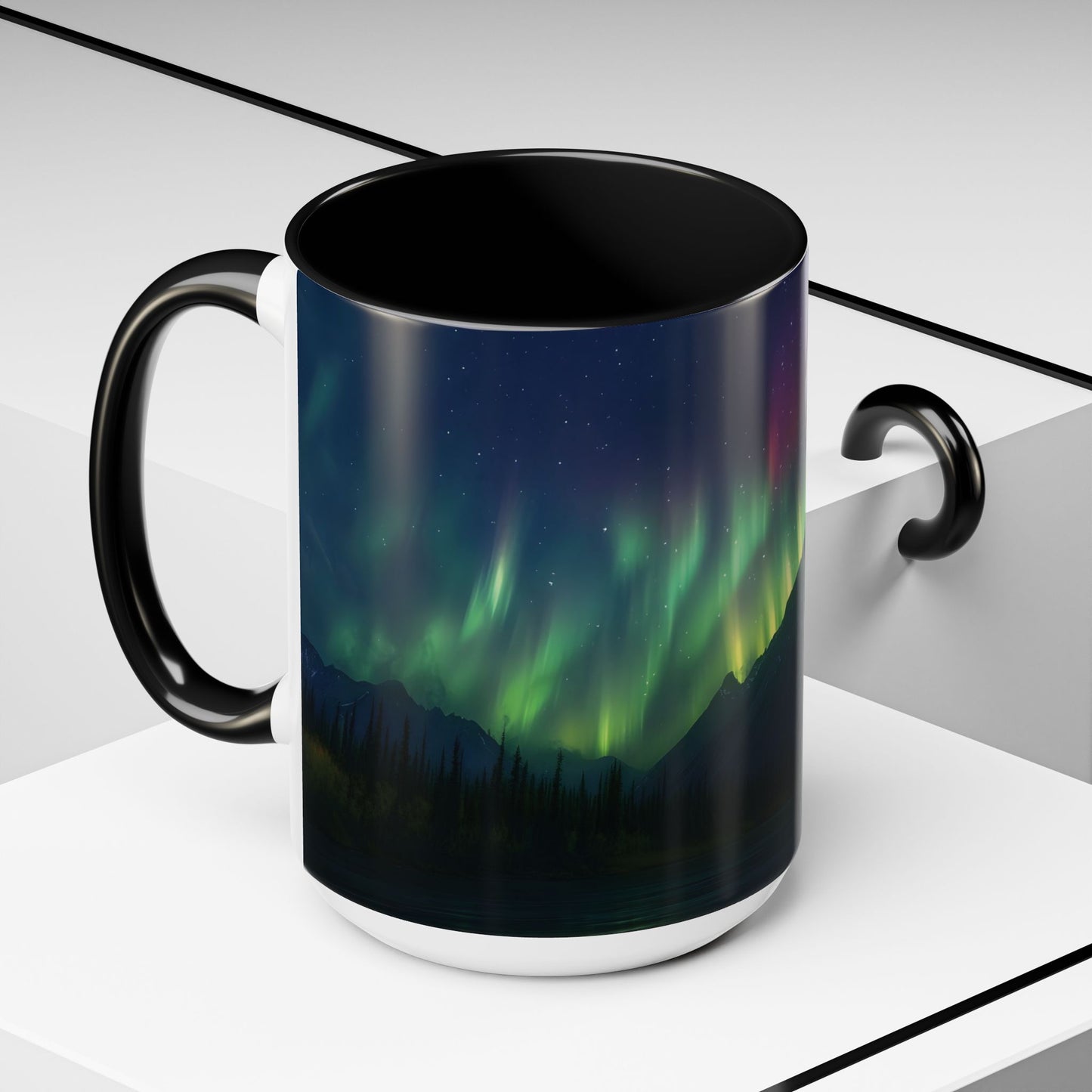 Illuminate Your Mornings: Northern Lights Accented Ceramic Mug 11, 15oz