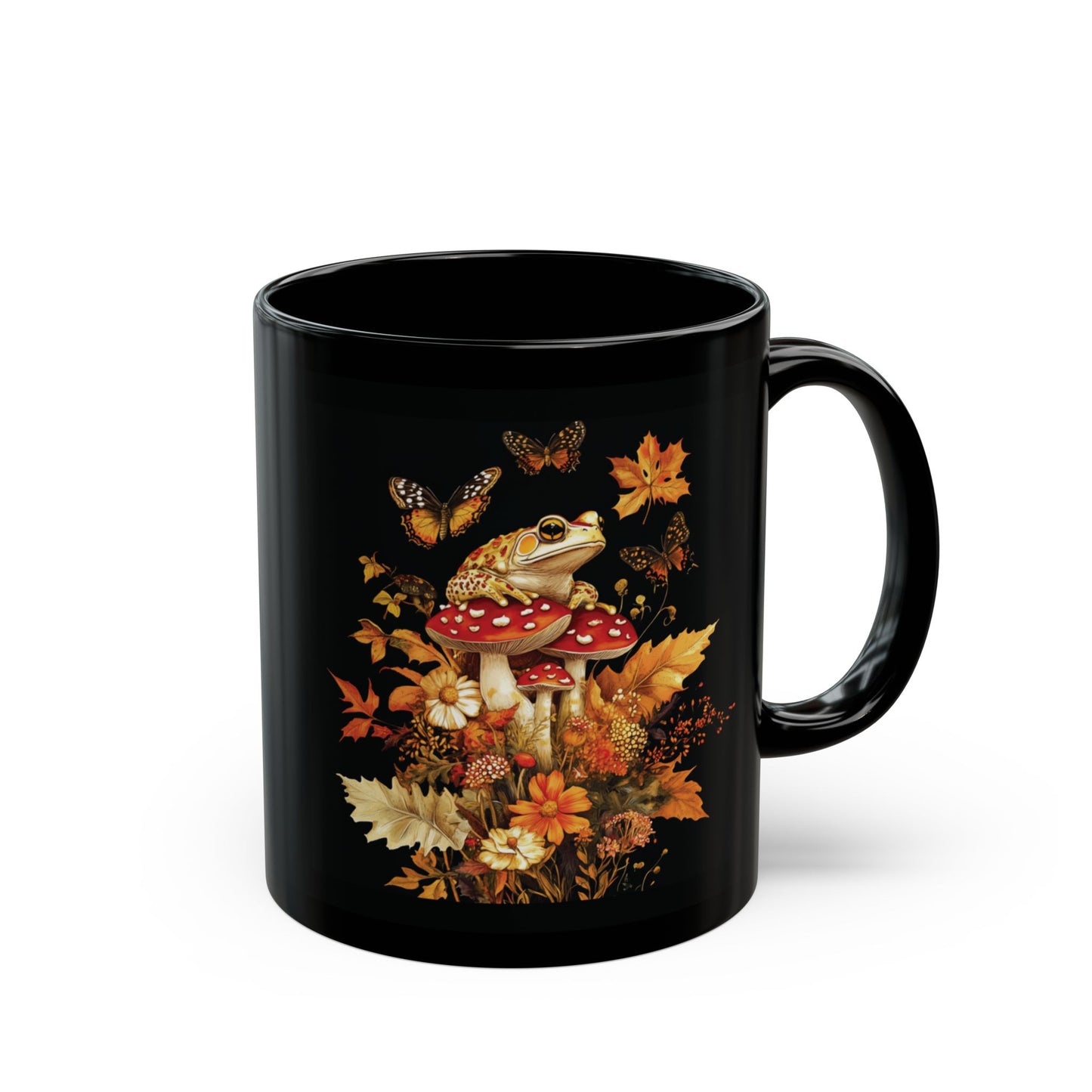 Autumn Frog and Mushroom Magic Mug | Enchanting Black Ceramic Coffee Cup