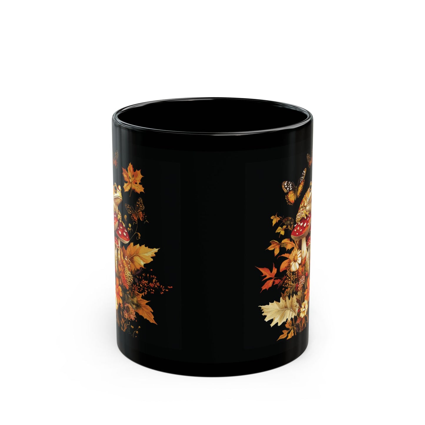 Autumn Frog and Mushroom Magic Mug | Enchanting Black Ceramic Coffee Cup