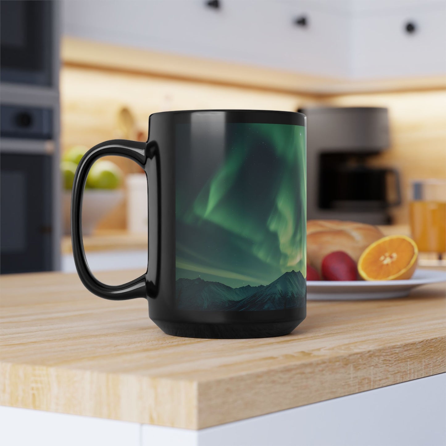 Enchanting Northern Lights Black Ceramic Mug | Black Ceramic Aurora Borealis Mug | Enchanting Mountain Night Sky Mug