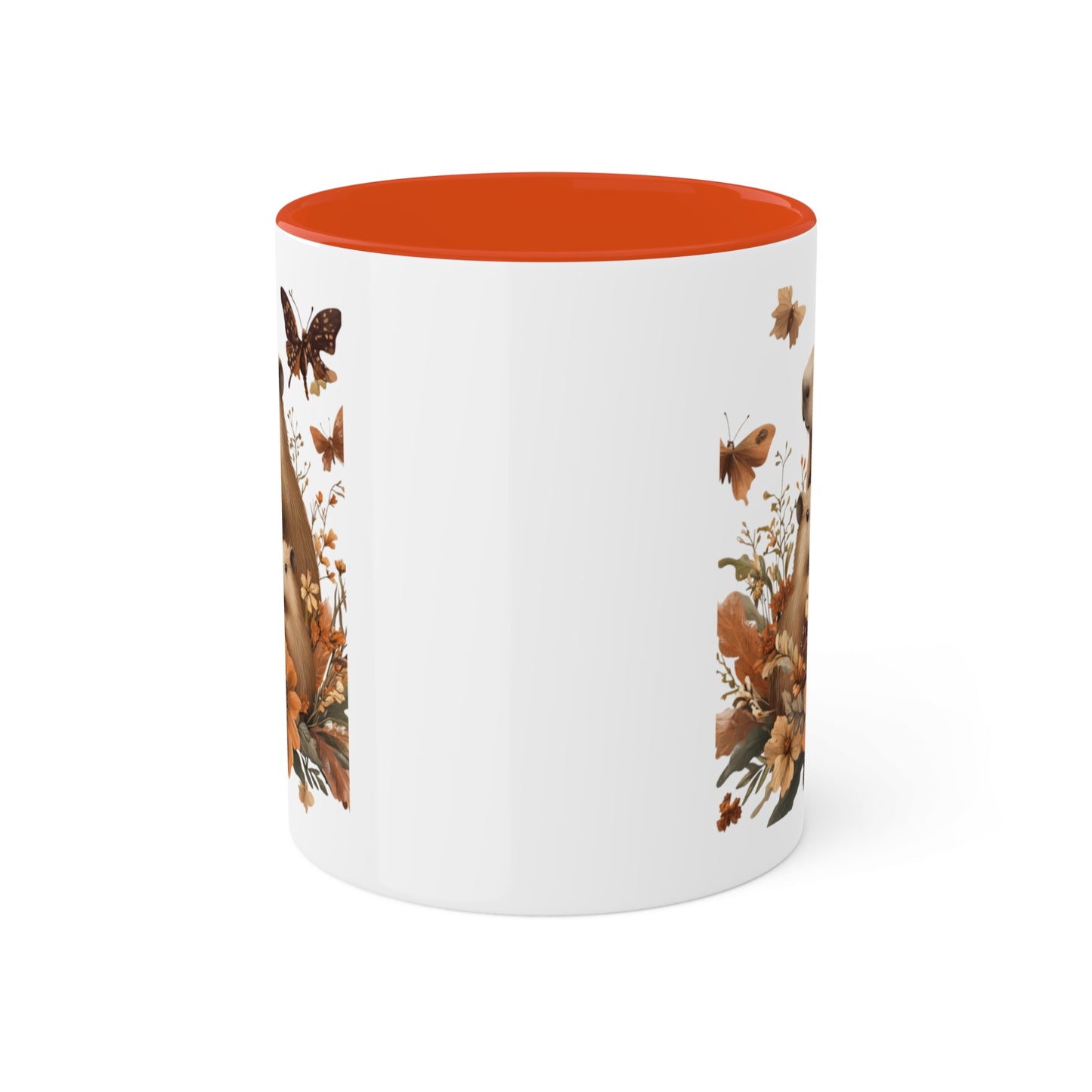 Capybara Family Autumn Mug | Whimsical 11oz Ceramic Coffee Cup with Color Accent