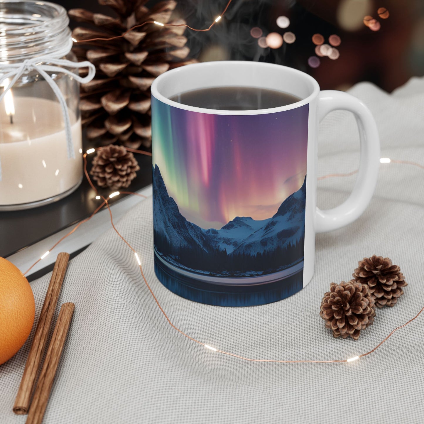 Aurora Borealis Ceramic Mug 11oz, Northern Lights, Dancing lights, Yukon, Alaska, Iceland, Scandinavia, Norway, Nature, Natural, Mountains