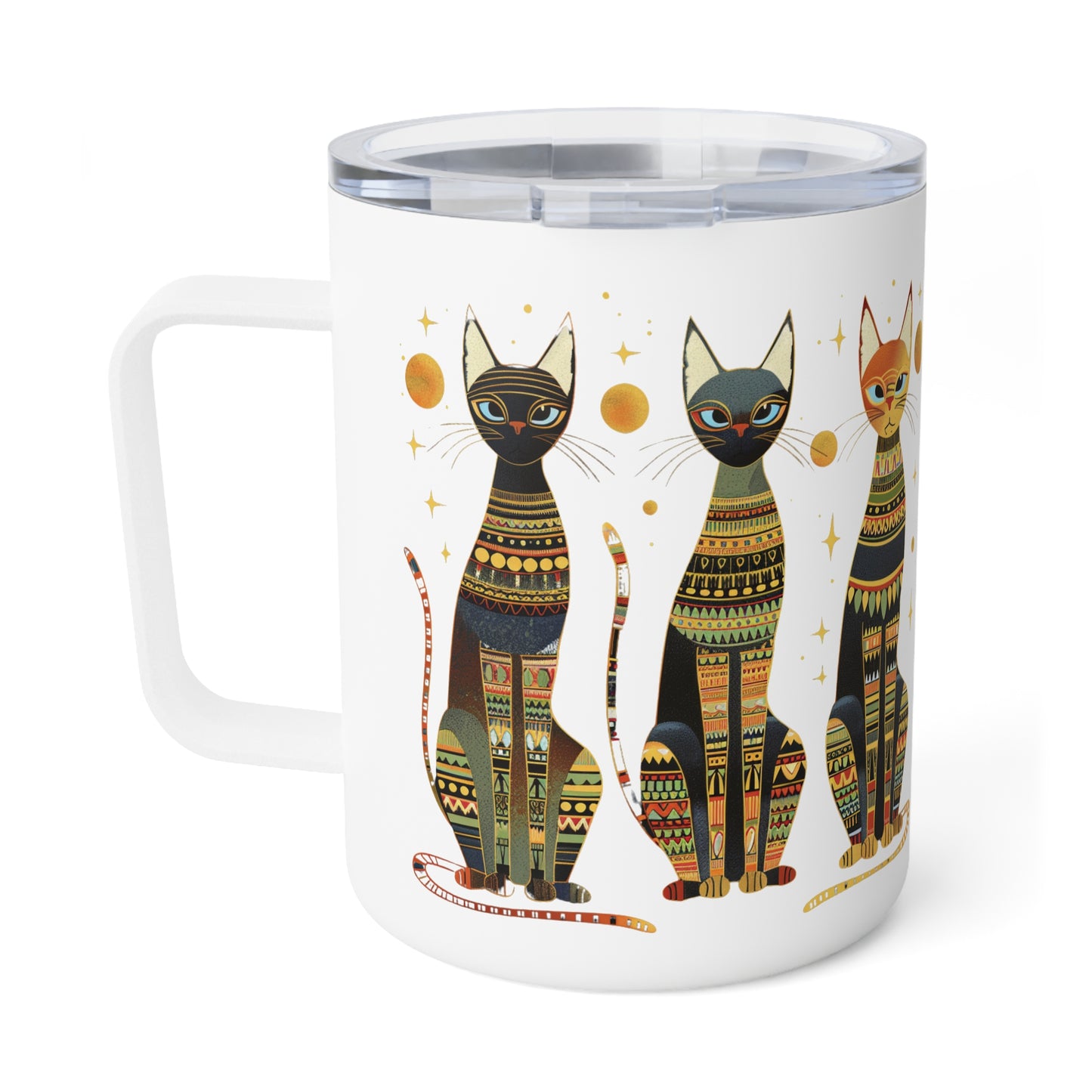 Whimsical Cats Insulated 10oz Coffee Mug | Stainless Steel Travel Mug with Snap-On Lid | Durable adventure mug