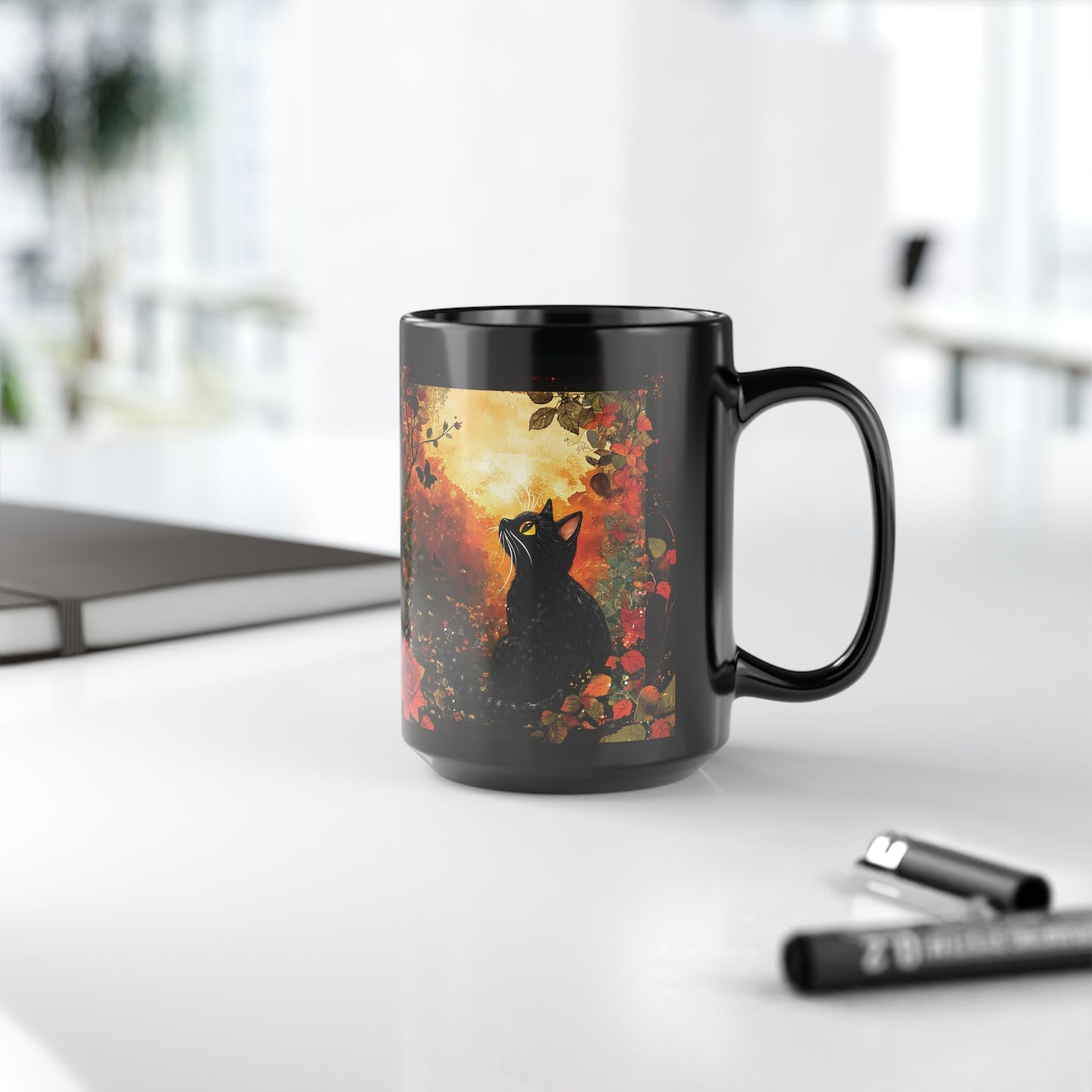 Mystical Cat in Autumn Black Ceramic Mug | Black Cat and Roses Ceramic Mug | Halloween Inspired Black Cat Mug