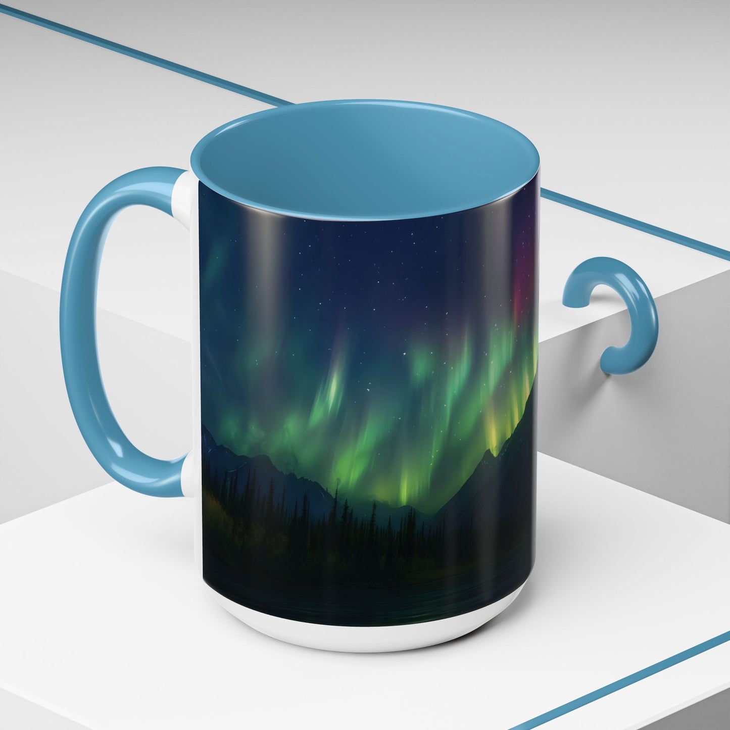 Illuminate Your Mornings: Northern Lights Accented Ceramic Mug 11, 15oz