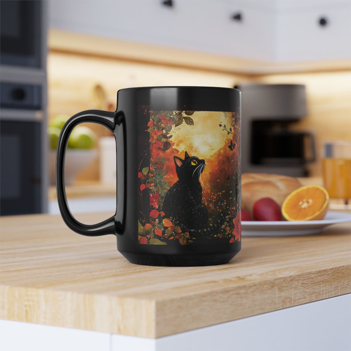 Mystical Cat in Autumn Black Ceramic Mug | Black Cat and Roses Ceramic Mug | Halloween Inspired Black Cat Mug