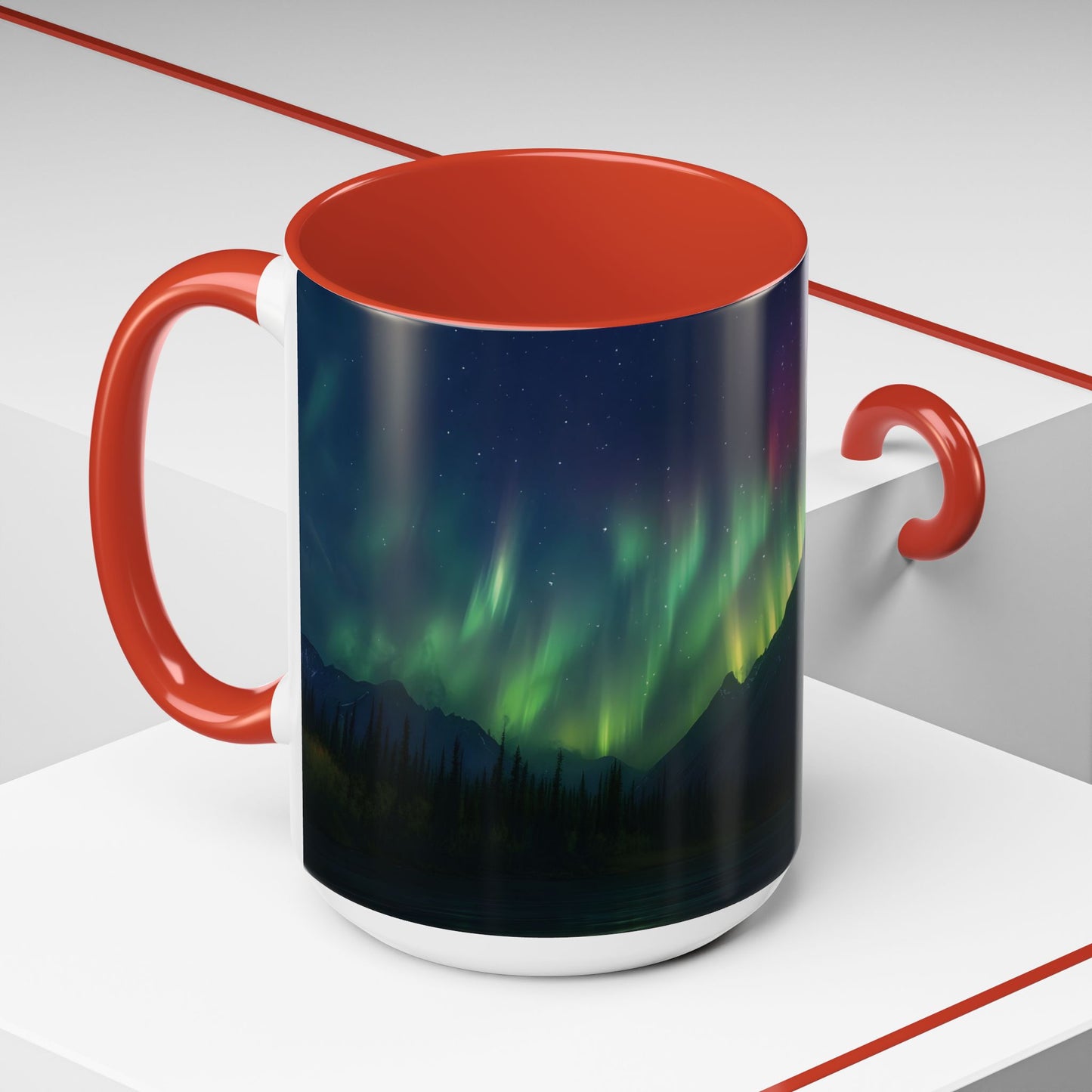 Illuminate Your Mornings: Northern Lights Accented Ceramic Mug 11, 15oz