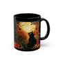 Mystical Cat in Autumn Black Ceramic Mug | Black Cat and Roses Ceramic Mug | Halloween Inspired Black Cat Mug