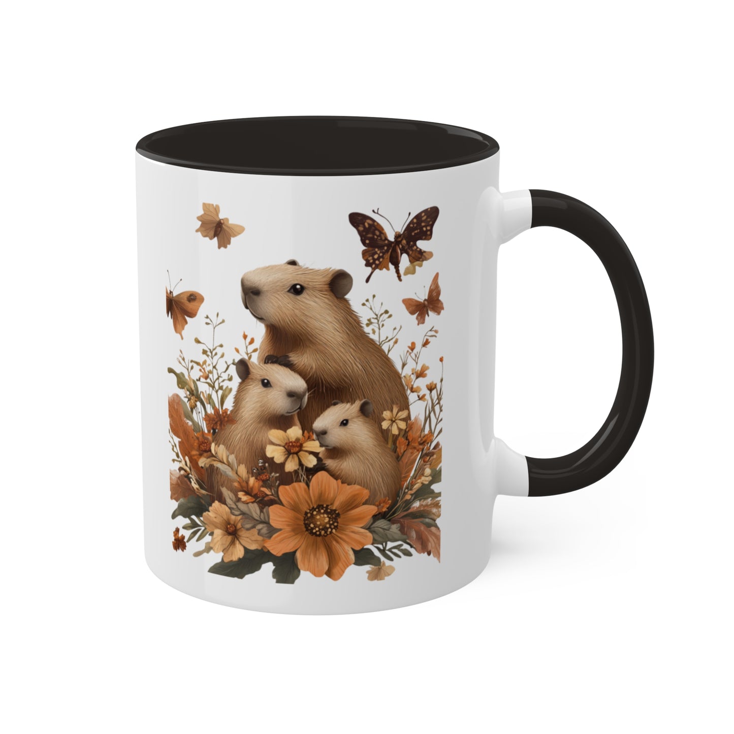 Capybara Family Autumn Mug | Whimsical 11oz Ceramic Coffee Cup with Color Accent