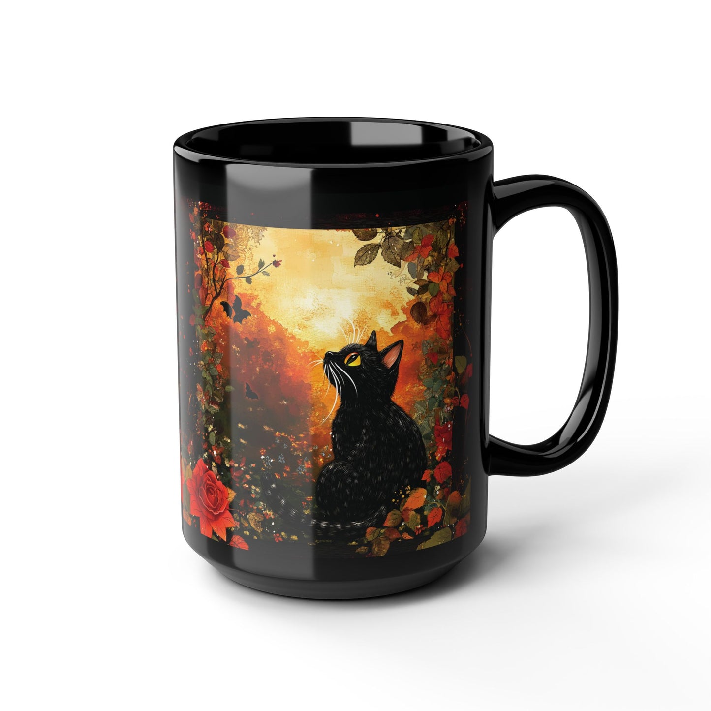 Mystical Cat in Autumn Black Ceramic Mug | Black Cat and Roses Ceramic Mug | Halloween Inspired Black Cat Mug