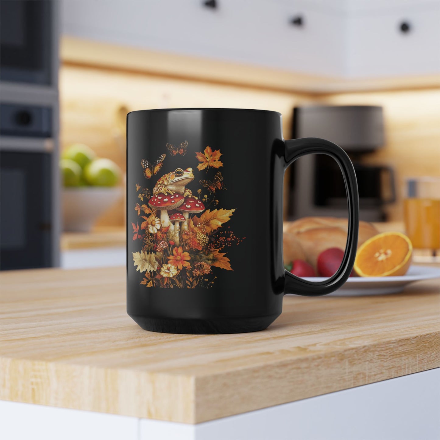 Autumn Frog and Mushroom Magic Mug | Enchanting Black Ceramic Coffee Cup