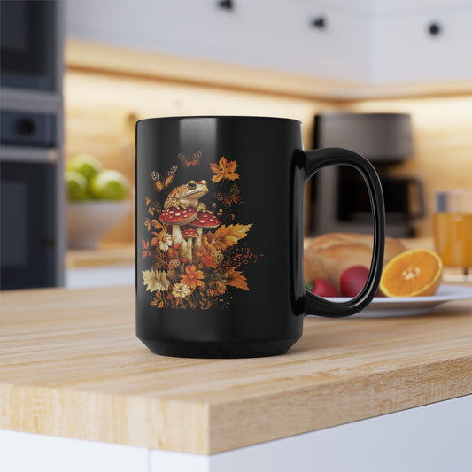 Autumn Frog and Mushroom Magic Mug | Enchanting Black Ceramic Coffee Cup