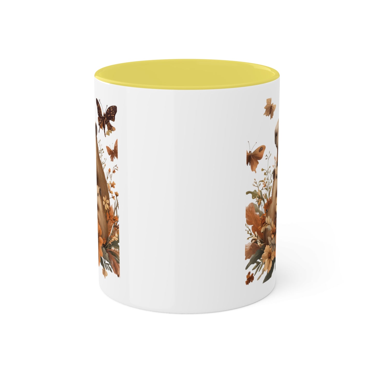 Capybara Family Autumn Mug | Whimsical 11oz Ceramic Coffee Cup with Color Accent