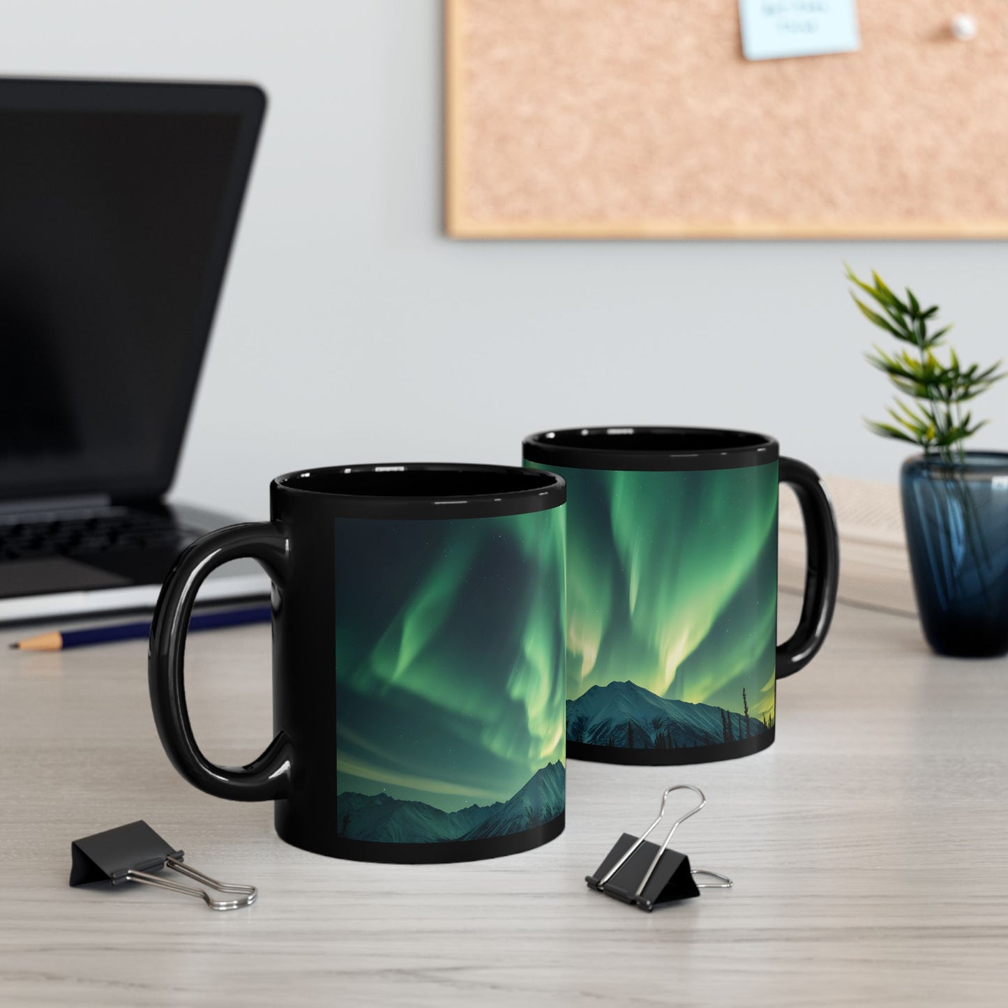 Enchanting Northern Lights Black Ceramic Mug | Black Ceramic Aurora Borealis Mug | Enchanting Mountain Night Sky Mug