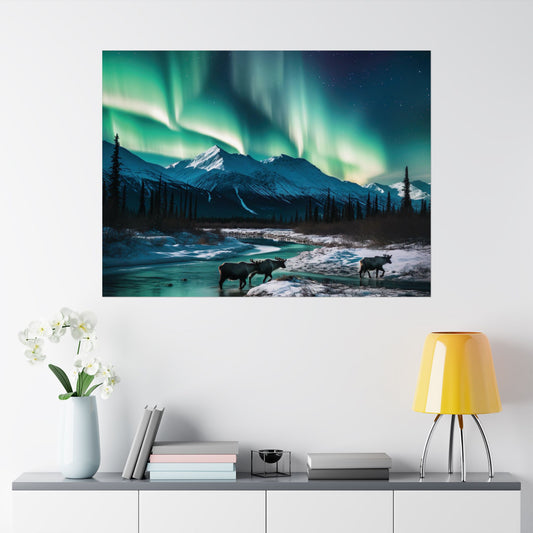 Northern Lights Mountain Landscape Poster – Capturing Nature’s Majesty | Aurora Borealis Matte Horizontal Posters