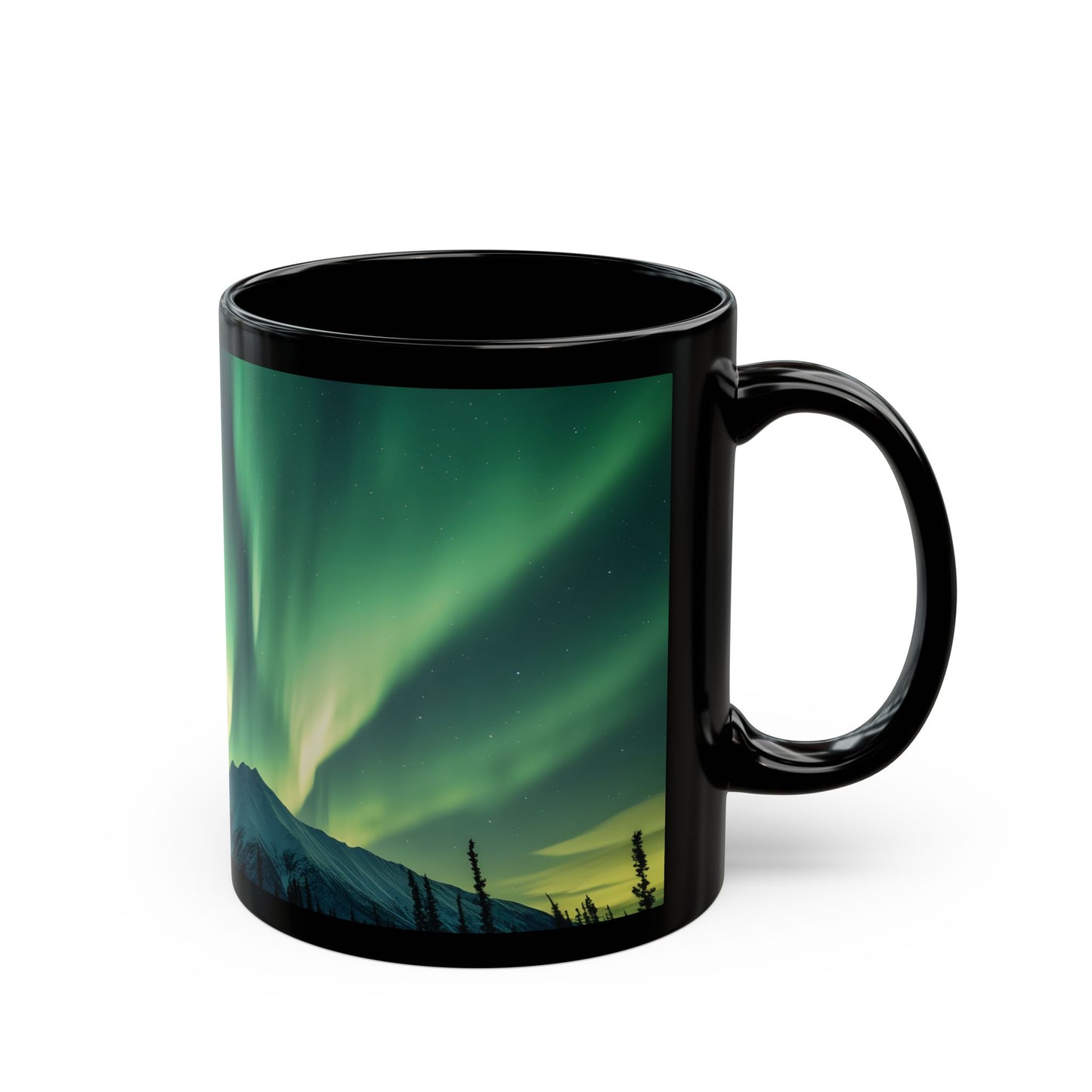 Enchanting Northern Lights Black Ceramic Mug | Black Ceramic Aurora Borealis Mug | Enchanting Mountain Night Sky Mug