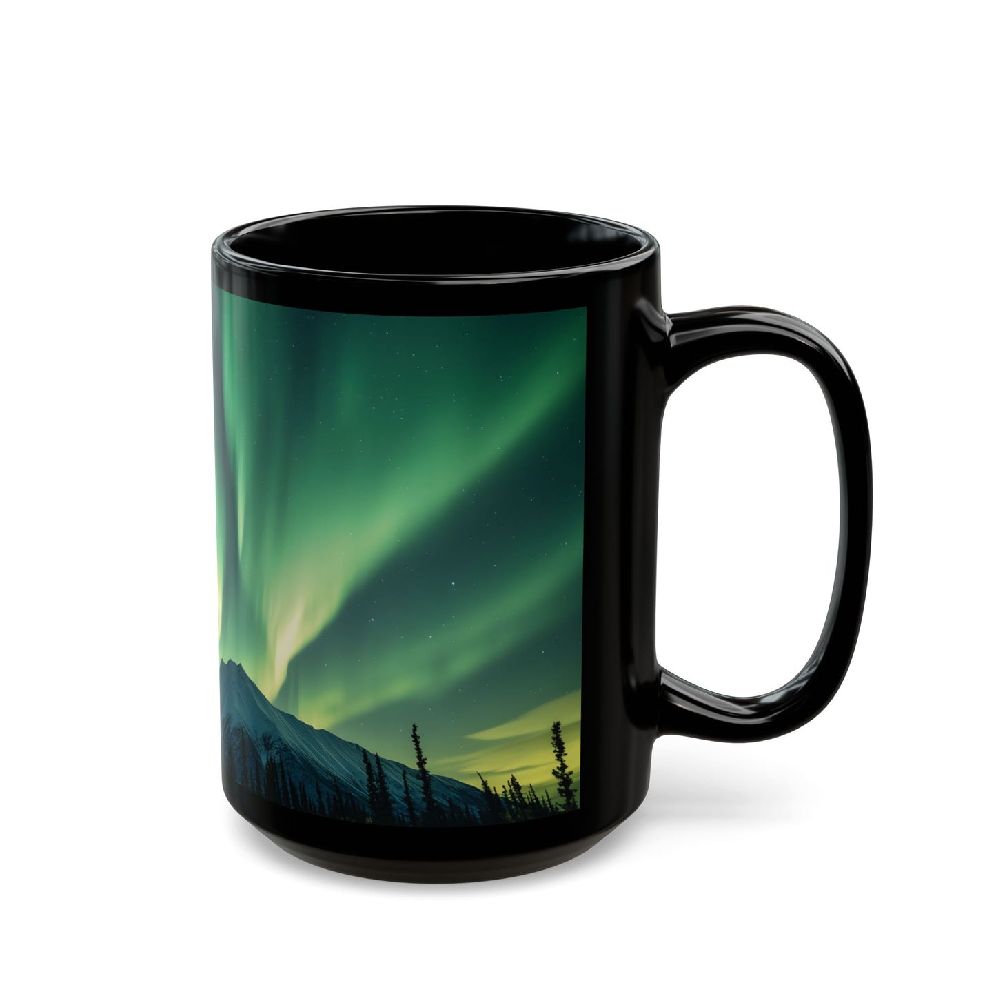 Enchanting Northern Lights Black Ceramic Mug | Black Ceramic Aurora Borealis Mug | Enchanting Mountain Night Sky Mug