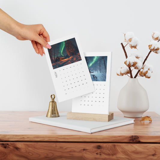 Aurora Borealis Desk Calendar | Monthly Northern Lights Inspiration with Oak Stand Vertical Desk Calendar (2025) | 2025 Calendar