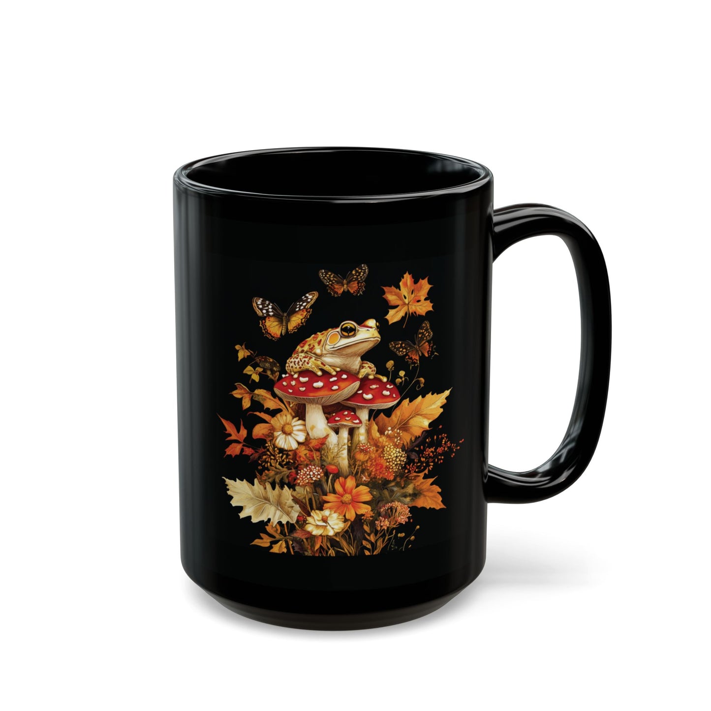 Autumn Frog and Mushroom Magic Mug | Enchanting Black Ceramic Coffee Cup