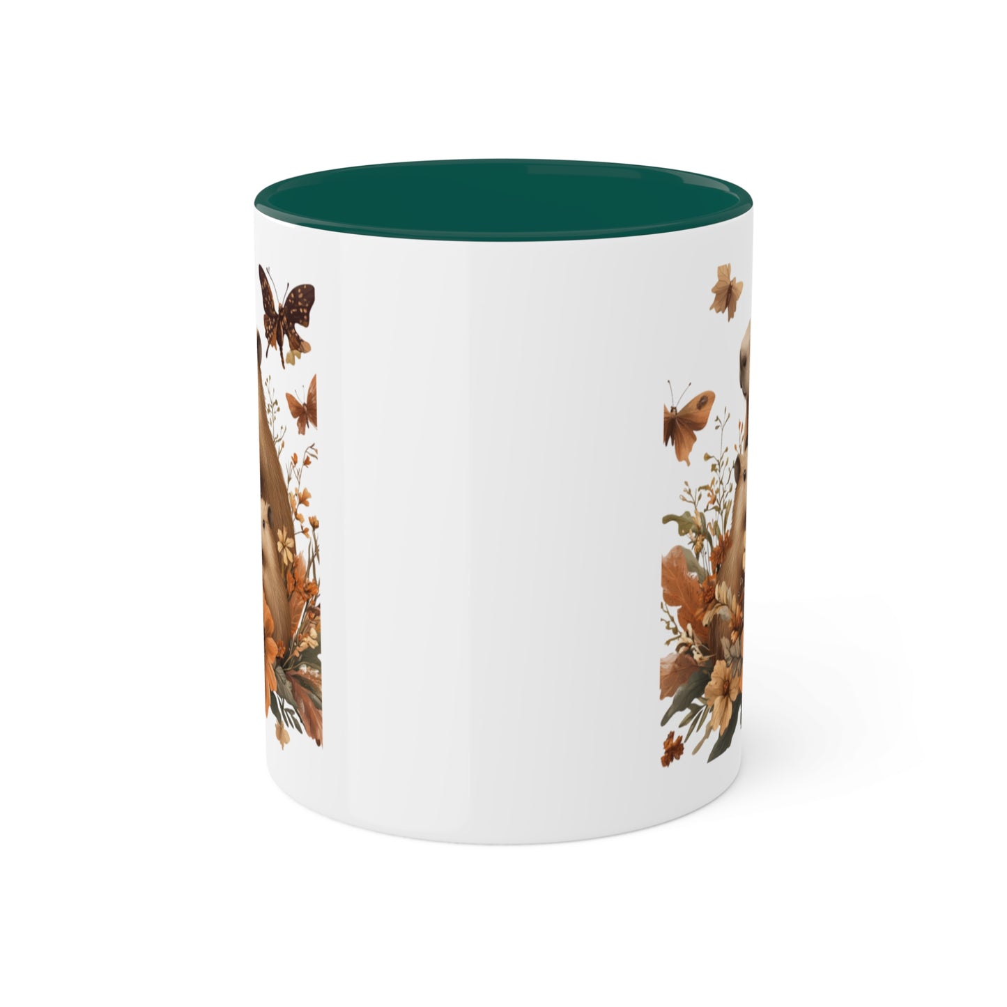 Capybara Family Autumn Mug | Whimsical 11oz Ceramic Coffee Cup with Color Accent