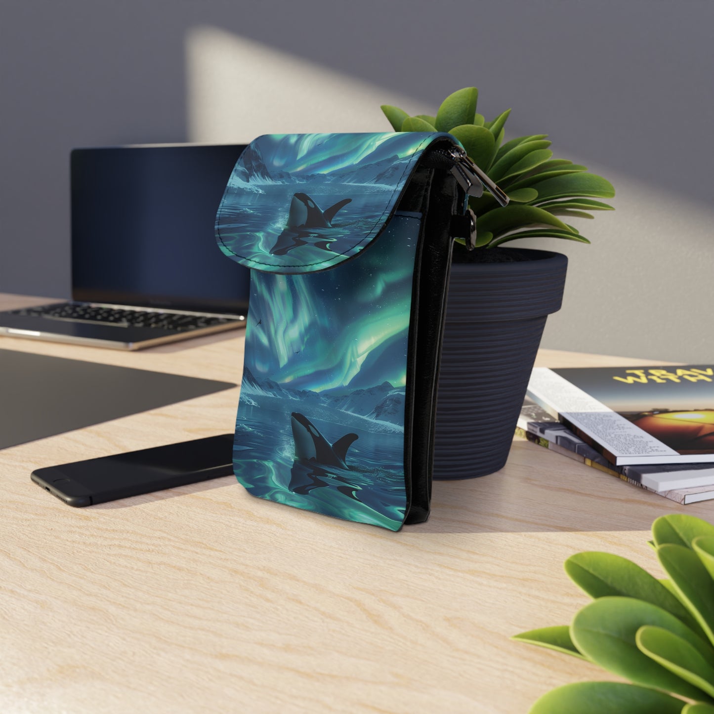 Northern Lights & Orca Compact Phone Wallet – Stylish & Functional | Aurora Borealis Small Cell Phone Wallet