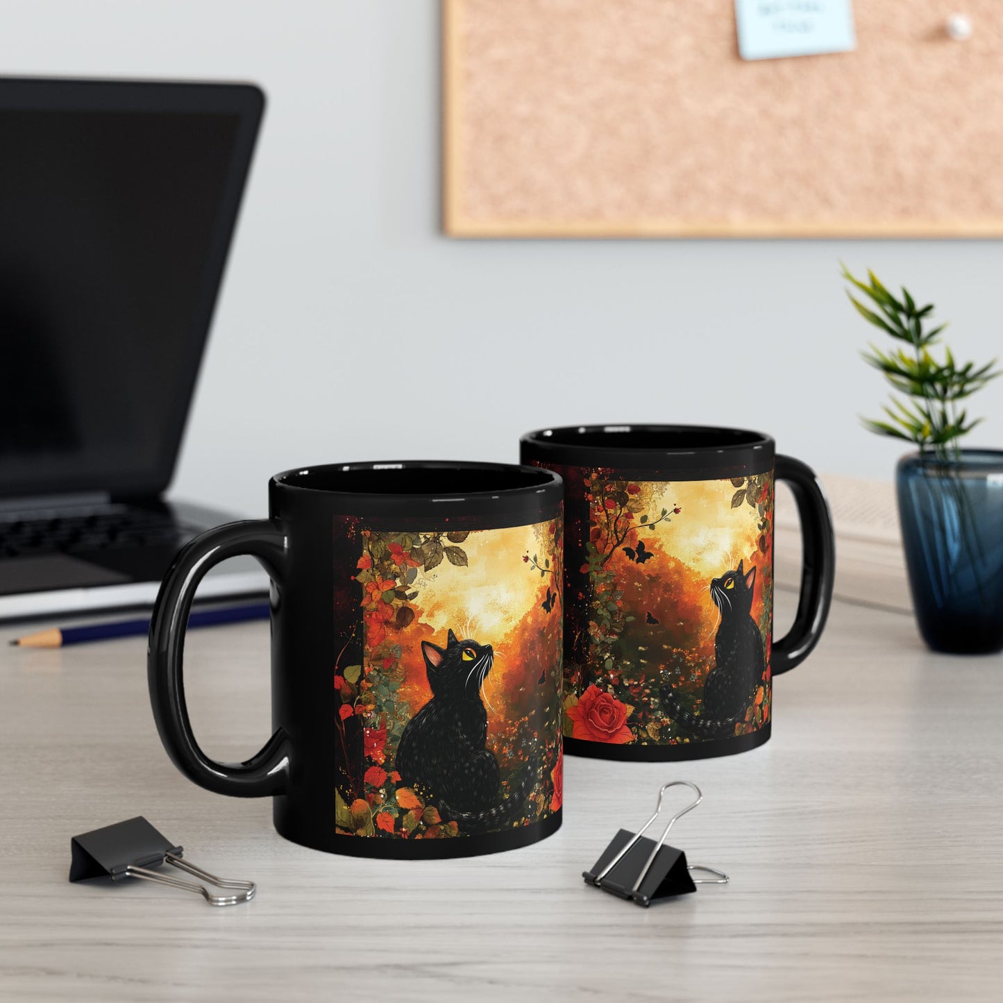 Mystical Cat in Autumn Black Ceramic Mug | Black Cat and Roses Ceramic Mug | Halloween Inspired Black Cat Mug