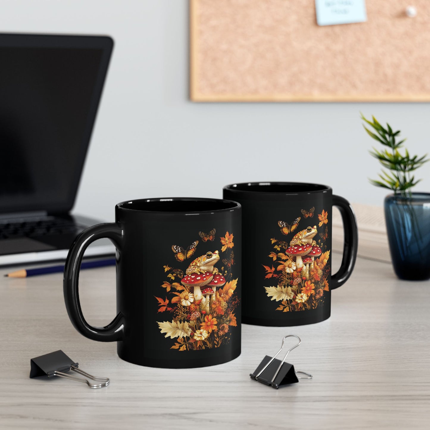 Autumn Frog and Mushroom Magic Mug | Enchanting Black Ceramic Coffee Cup