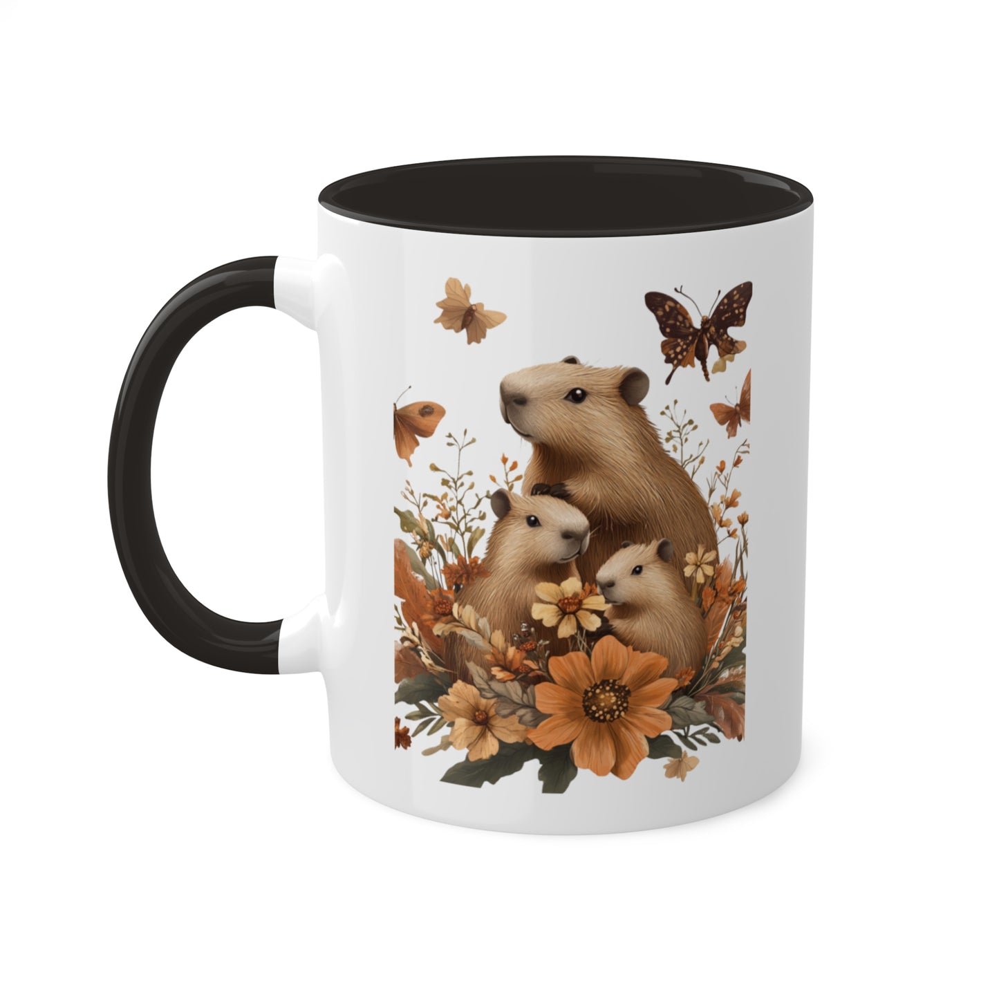 Capybara Family Autumn Mug | Whimsical 11oz Ceramic Coffee Cup with Color Accent