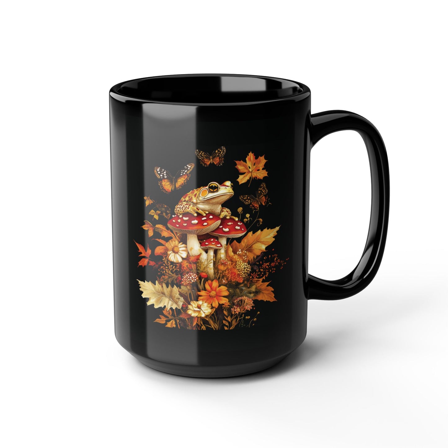 Autumn Frog and Mushroom Magic Mug | Enchanting Black Ceramic Coffee Cup