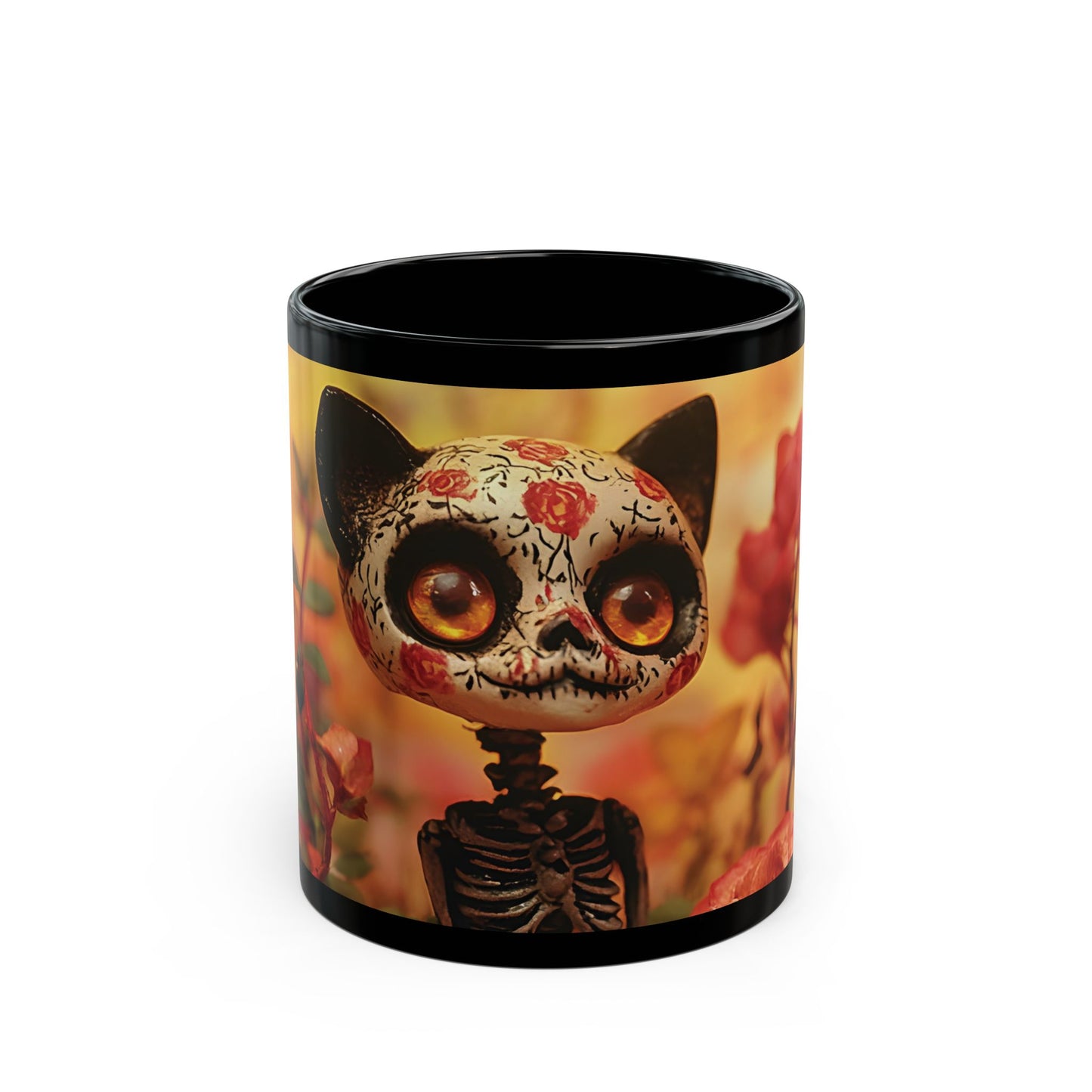 Whimsical Skull Cat Ceramic Mug | Skeleton Black Cat Mug (11oz, 15oz) | Cute Pink Skeleton Floral Mug