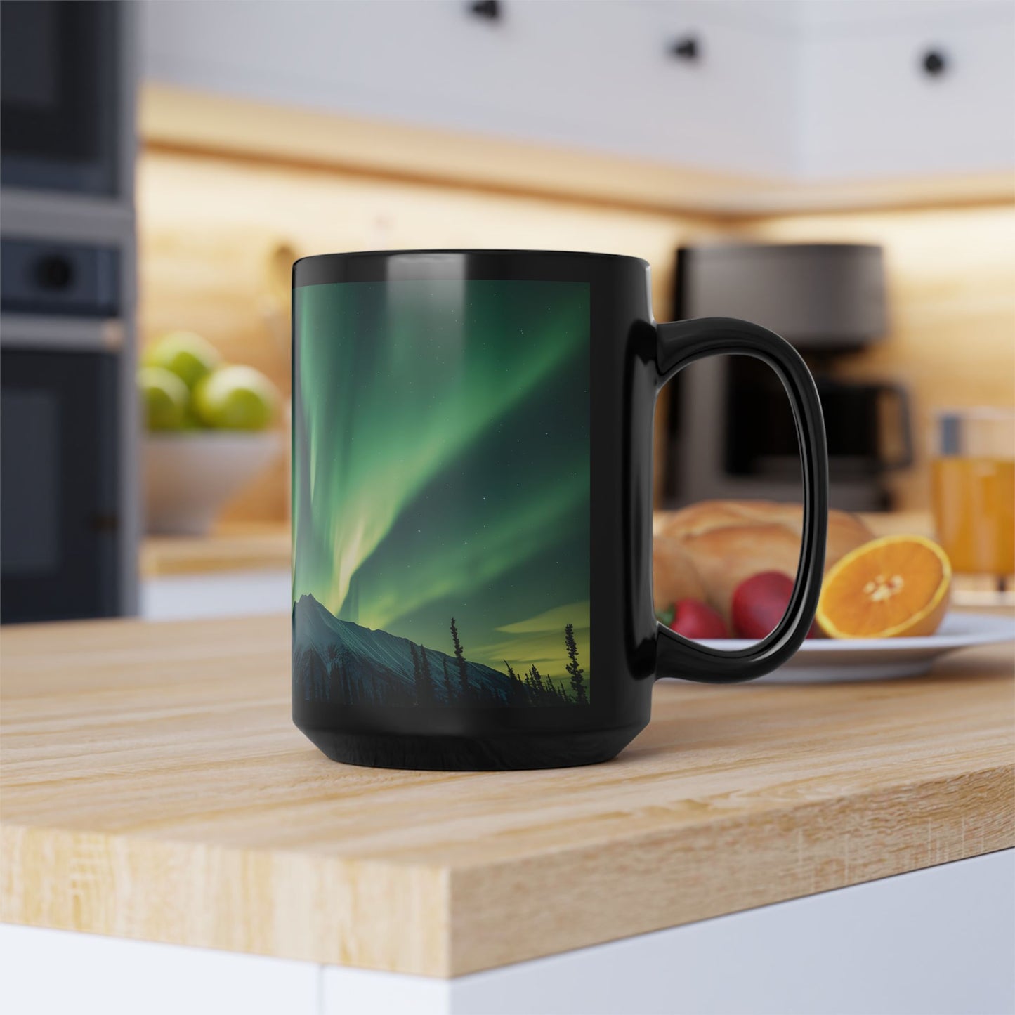 Enchanting Northern Lights Black Ceramic Mug | Black Ceramic Aurora Borealis Mug | Enchanting Mountain Night Sky Mug