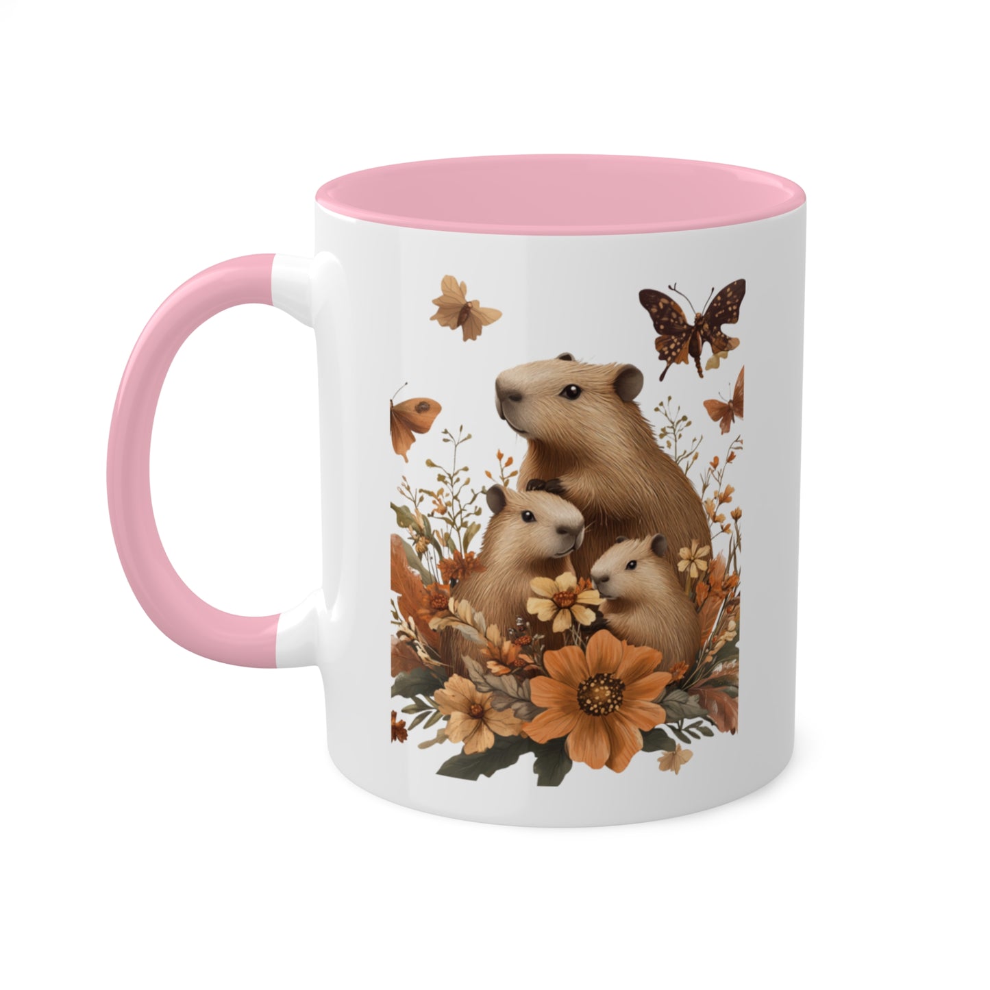 Capybara Family Autumn Mug | Whimsical 11oz Ceramic Coffee Cup with Color Accent