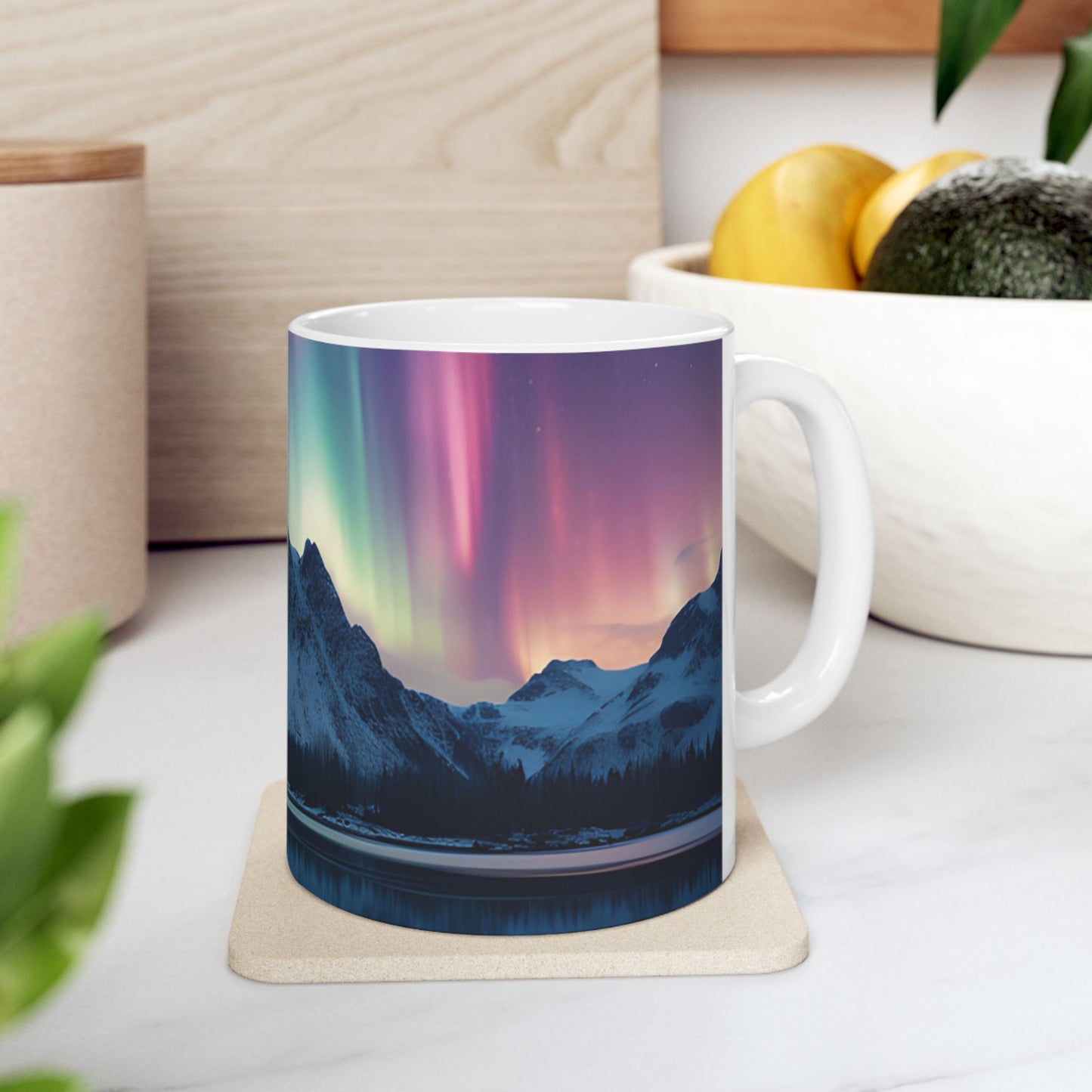 Aurora Borealis Ceramic Mug 11oz, Northern Lights, Dancing lights, Yukon, Alaska, Iceland, Scandinavia, Norway, Nature, Natural, Mountains