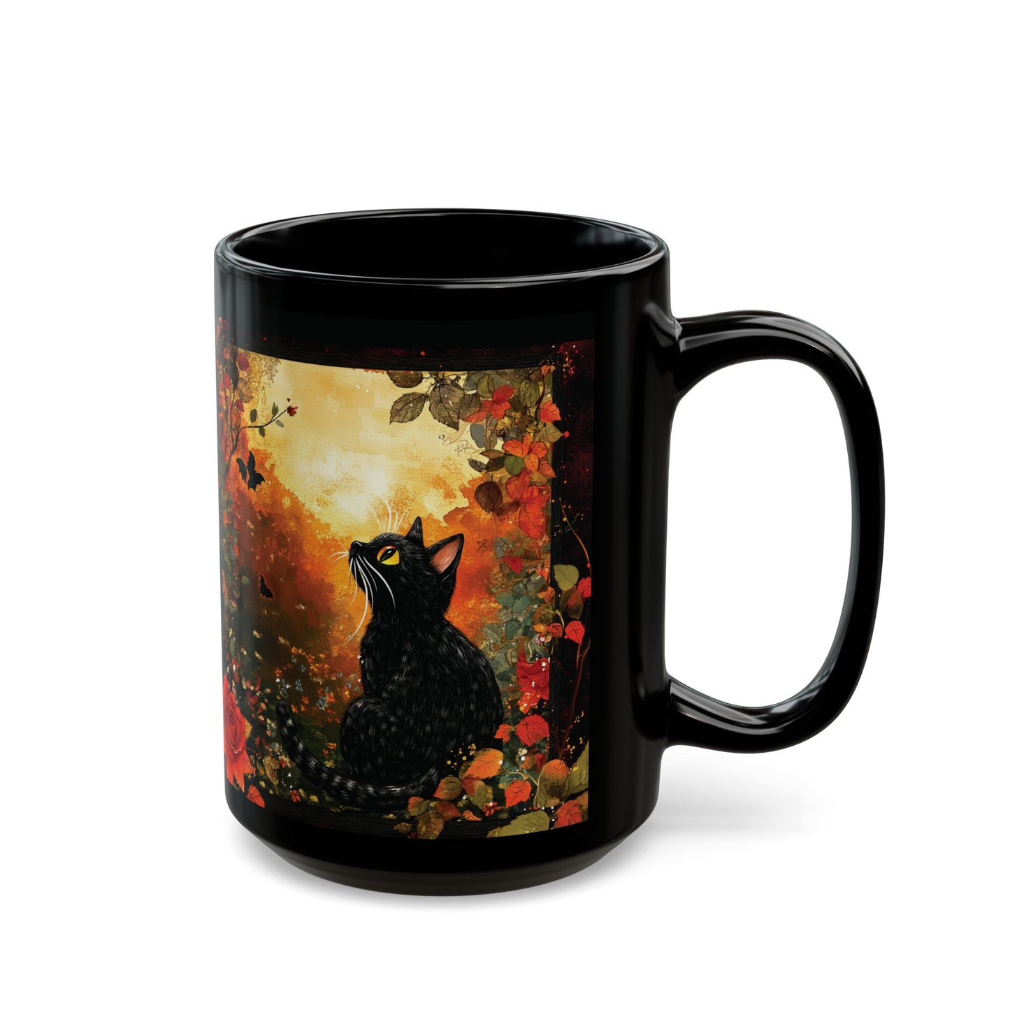 Mystical Cat in Autumn Black Ceramic Mug | Black Cat and Roses Ceramic Mug | Halloween Inspired Black Cat Mug