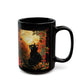 Mystical Cat in Autumn Black Ceramic Mug | Black Cat and Roses Ceramic Mug | Halloween Inspired Black Cat Mug