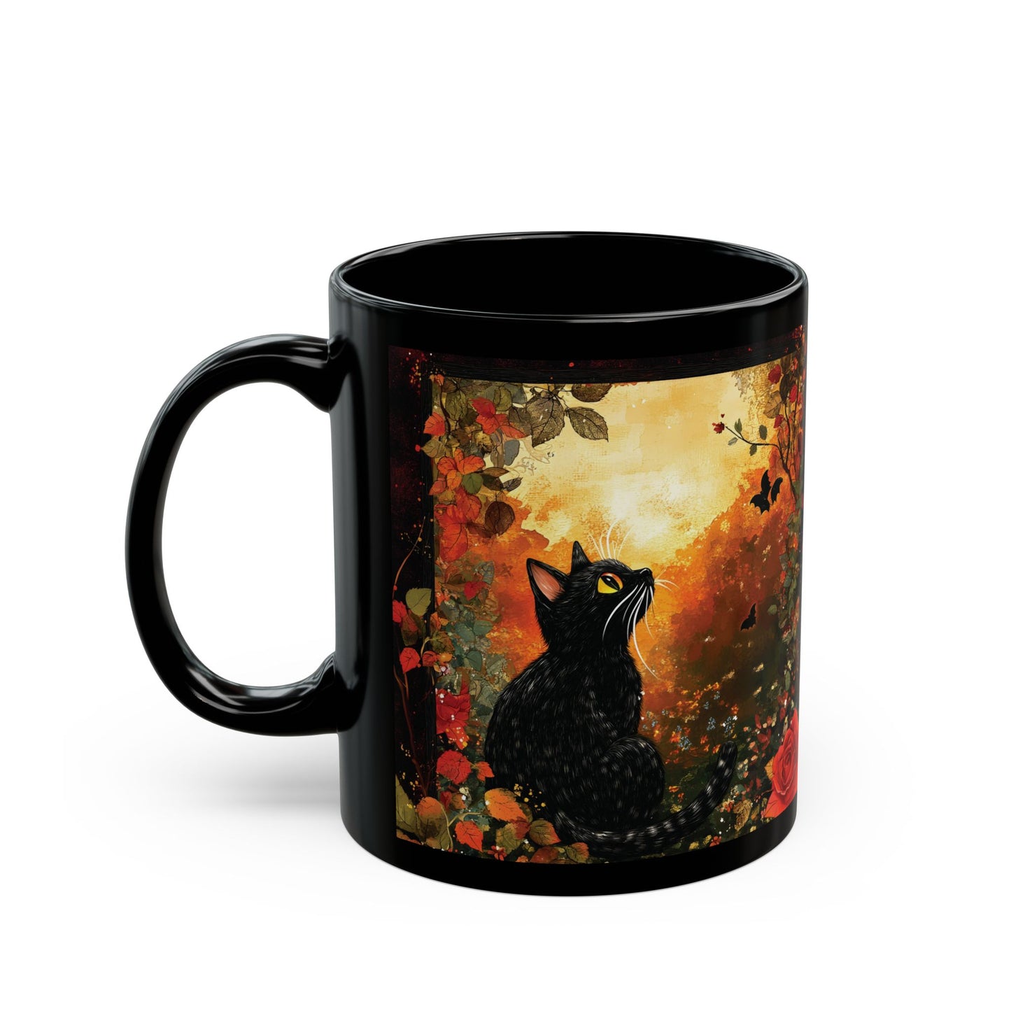 Mystical Cat in Autumn Black Ceramic Mug | Black Cat and Roses Ceramic Mug | Halloween Inspired Black Cat Mug